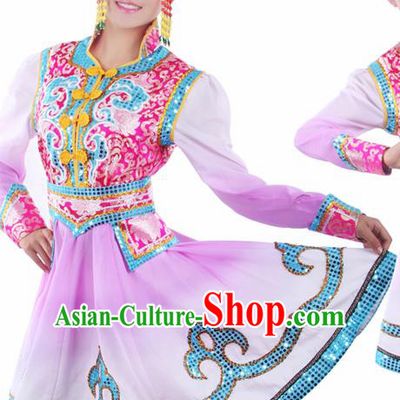 Chinese Traditional Mongolian Folk Dance Purple Dress Mongol Nationality Ethnic Costume for Women
