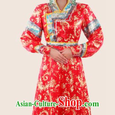 Chinese Traditional Mongolian Folk Dance Red Dress Mongol Nationality Ethnic Costume for Women