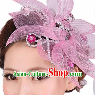 Chinese Traditional Yangko Dance Pink Veil Hair Claw National Folk Dance Hair Accessories for Women