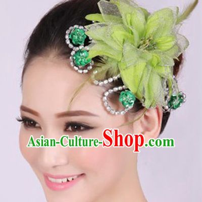 Chinese Traditional Yangko Dance Green Veil Peony Feather Hair Claw National Folk Dance Hair Accessories for Women