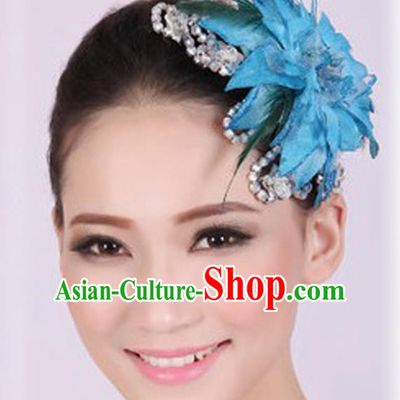 Chinese Traditional Yangko Dance Blue Veil Peony Feather Hair Claw National Folk Dance Hair Accessories for Women