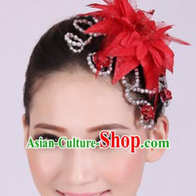 Chinese Traditional Yangko Dance Red Veil Peony Feather Hair Claw National Folk Dance Hair Accessories for Women