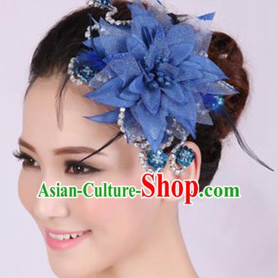 Chinese Traditional Yangko Dance Royalblue Veil Peony Feather Hair Claw National Folk Dance Hair Accessories for Women