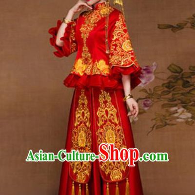 Traditional Chinese Red Wedding Dress Ancient Bride Embroidered Xiu He Costume for Women