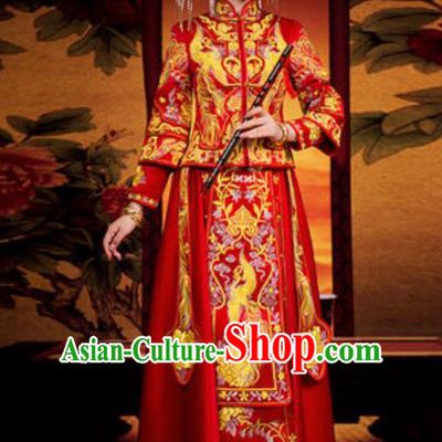 Traditional Chinese Red Wedding Dress Ancient Bride Embroidered Phoenix Xiu He Costume for Women