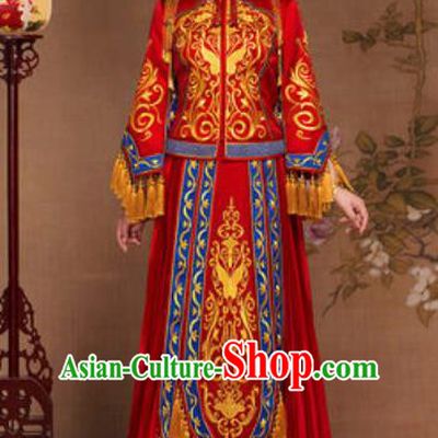 Traditional Chinese Red Wedding Dress Ancient Bride Embroidered Butterfly Xiu He Costume for Women