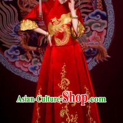 Traditional Chinese Embroidered Phoenix Wedding Dress Ancient Bride Red Xiu He Costume for Women
