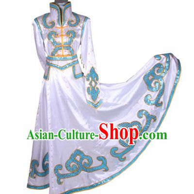 Chinese Traditional Mongolian Folk Dance White Dress Mongol Nationality Ethnic Costume for Women