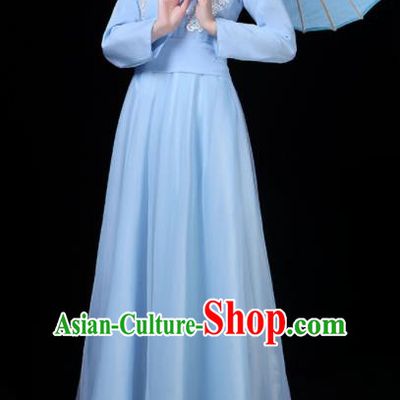 Chinese Traditional Umbrella Dance Blue Costume Classical Dance Group Dance Dress for Women