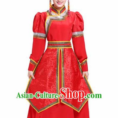 Chinese Traditional Mongolian Princess Folk Dance Red Dress Mongol Nationality Ethnic Costume for Women