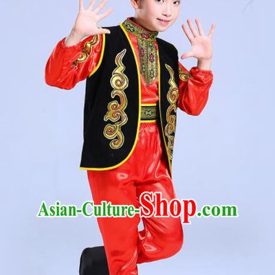 Chinese Traditional Uyghur Ethnic Folk Dance Costume Classical Dance Group Dance Red Dress for Kids
