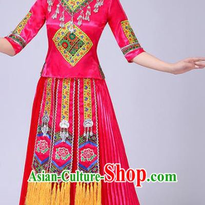 Chinese Traditional Ethnic Folk Dance Costume Yi Nationality Wedding Rosy Dress for Women