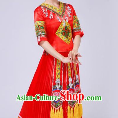 Chinese Traditional Ethnic Folk Dance Costume Yi Nationality Wedding Red Dress for Women