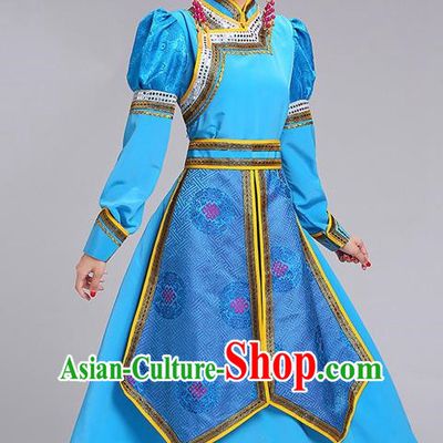 Chinese Traditional Mongolian Princess Folk Dance Blue Dress Mongol Nationality Ethnic Costume for Women