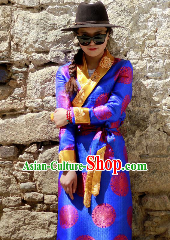 Chinese Traditional Tibetan Folk Dance Blue Dress Zang Nationality Ethnic Costume for Women Chinese Traditional Tibetan Folk Dance Blue Dress Zang Nationality Ethnic Costume for Women
