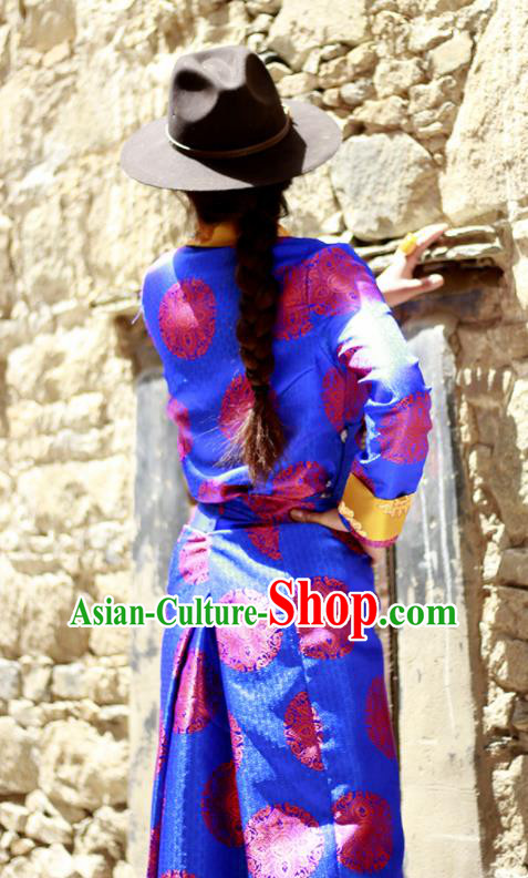 Chinese Traditional Tibetan Folk Dance Blue Dress Zang Nationality Ethnic Costume for Women Chinese Traditional Tibetan Folk Dance Blue Dress Zang Nationality Ethnic Costume for Women