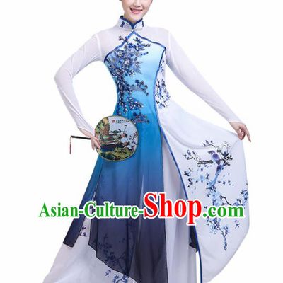 Chinese Traditional Umbrella Dance Blue Costume Classical Dance Group Dance Dress for Women