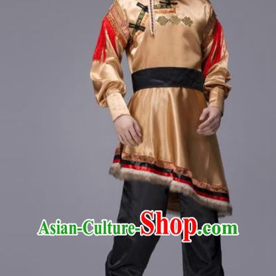 Chinese Traditional Tibetan Ethnic Folk Dance Golden Costume Zang Nationality Dance Clothing for Men