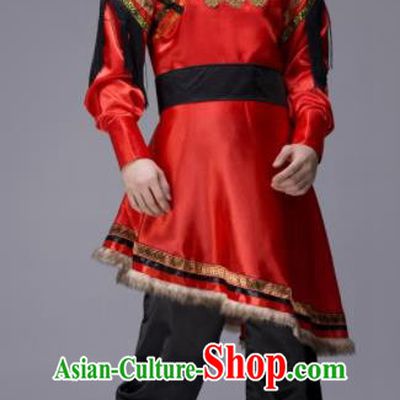 Chinese Traditional Tibetan Ethnic Folk Dance Red Costume Zang Nationality Dance Clothing for Men