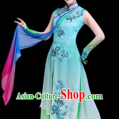 Chinese Traditional Stage Performance Umbrella Dance Green Costume Classical Dance Group Dance Dress for Women