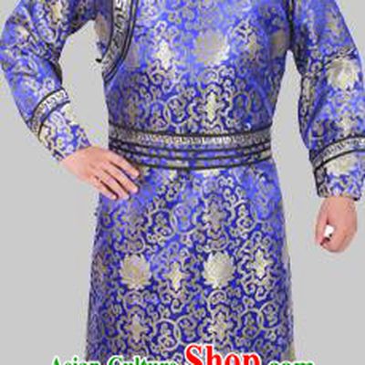 Chinese Traditional Mongol Ethnic Costume Nationality Royalblue Brocade Mongolian Robe for Men