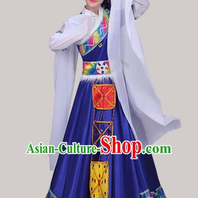 Chinese Traditional Tibetan Ethnic Folk Dance Costume Zang Nationality Dance Royalblue Dress for Women