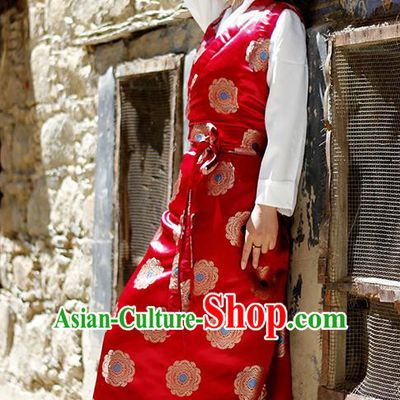 Chinese Traditional Tibetan Red Dress Zang Nationality Heishui Dance Ethnic Costume for Women