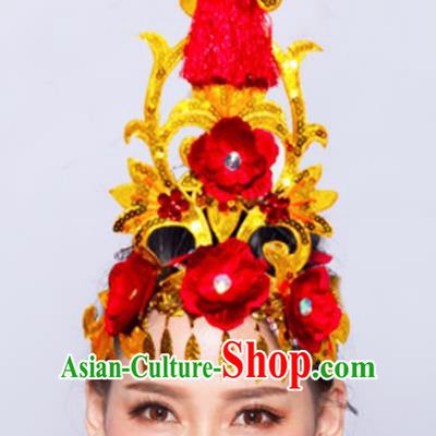 Chinese Traditional Folk Dance Hair Accessories Stage Performance Yangko Dance Red Flowers Headwear for Women