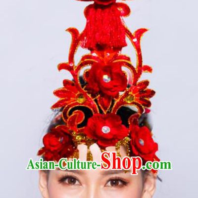 Chinese Traditional Folk Dance Hair Accessories Stage Performance Yangko Dance Red Flowers Headwear for Women
