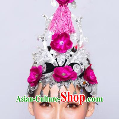 Chinese Traditional Folk Dance Hair Accessories Stage Performance Yangko Dance Rosy Flowers Headwear for Women