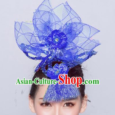 Chinese Traditional Folk Dance Hair Accessories Stage Performance Yangko Dance Deep Blue Veil Headwear for Women