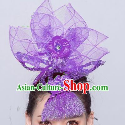 Chinese Traditional Folk Dance Hair Accessories Stage Performance Yangko Dance Purple Veil Headwear for Women