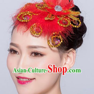 Chinese Traditional Folk Dance Red Feather Hair Accessories Stage Performance Yangko Dance Hair Stick for Women