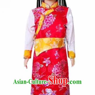 Chinese Traditional Tibetan Girls Kham Red Dress Zang Nationality Heishui Dance Ethnic Costumes for Kids