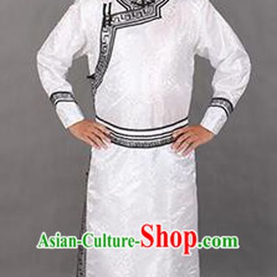Chinese Traditional Mongol Ethnic Costume Nationality White Brocade Mongolian Robe for Men