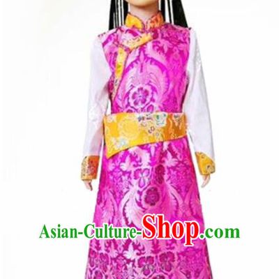 Chinese Traditional Tibetan Girls Kham Rosy Dress Zang Nationality Heishui Dance Ethnic Costumes for Kids