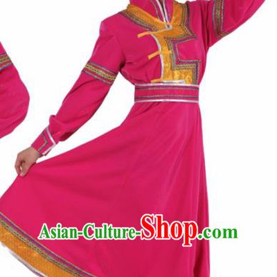 Chinese Traditional Mongolian Ethnic Rosy Dress Mongol Nationality Folk Dance Costumes for Women