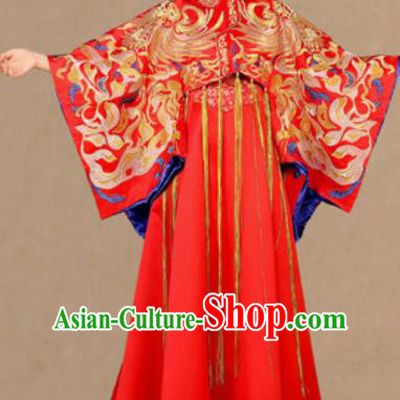 Traditional Chinese Embroidered Phoenix Trailing Wedding Dress Ancient Bride Red Xiu He Costume for Women