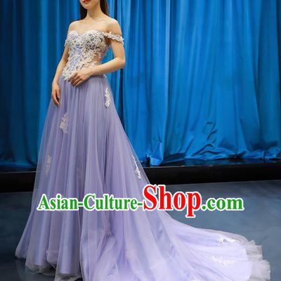 Top Grade Wedding Dress Compere Full Dress Princess Embroidered Purple Veil Costume for Women