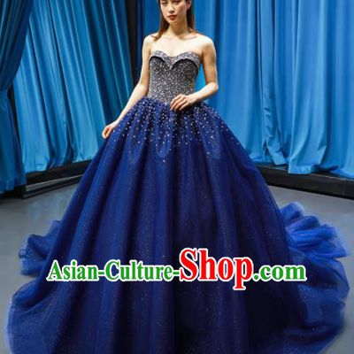 Top Grade Compere Royalblue Veil Full Dress Princess Embroidered Wedding Dress Costume for Women