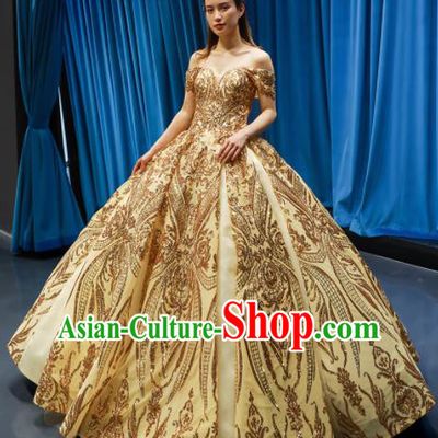 Top Grade Compere Golden Full Dress Princess Embroidered Wedding Dress Costume for Women
