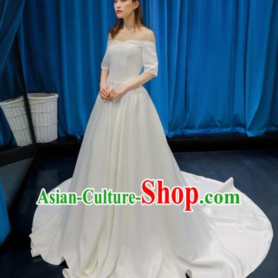 Top Grade Flat Shouders Wedding Dress Bride Full Dress Princess Costume White Satin Gown for Women