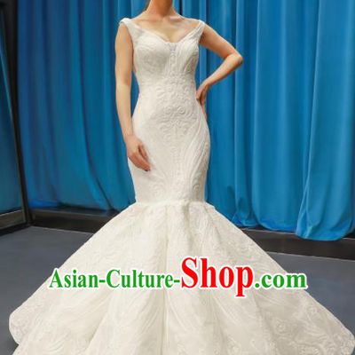 Top Grade Fishtail Wedding Dress Bride Full Dress Princess Costume White Veil Gown for Women