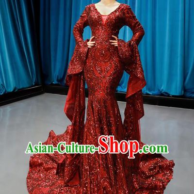 Top Grade Compere Full Dress Princess Red Paillette Trailing Wedding Dress Costume for Women