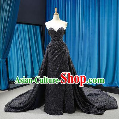 Top Grade Compere Strapless Full Dress Princess Black Paillette Trailing Wedding Dress Costume for Women
