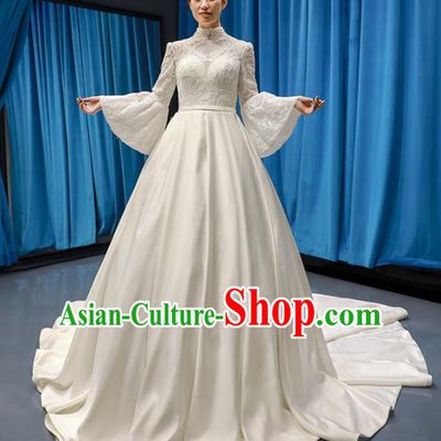 Top Grade Wedding Gown Bride Trailing Full Dress Princess Costume White Lace Dress for Women