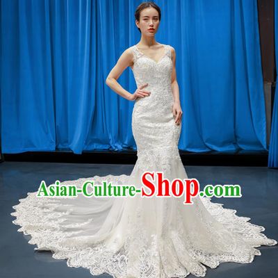 Top Grade Wedding Gown Bride Costume White Lace Trailing Full Dress Princess Dress for Women