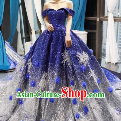 Top Grade Compere Royalblue Trailing Full Dress Princess Bubble Wedding Dress Costume for Women
