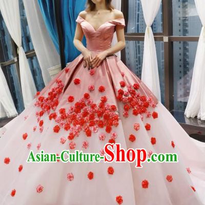 Top Grade Compere Pink Veil Trailing Full Dress Princess Bubble Wedding Dress Costume for Women