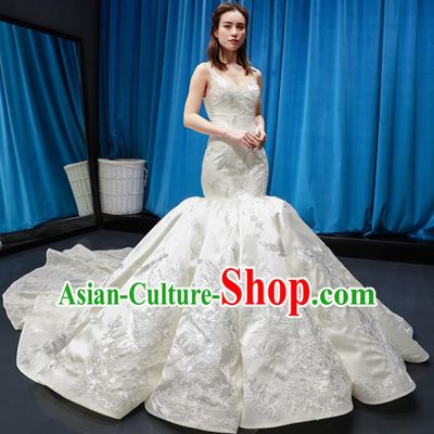 Top Grade Fishtail Wedding Gown Bride Costume White Veil Trailing Full Dress Princess Dress for Women